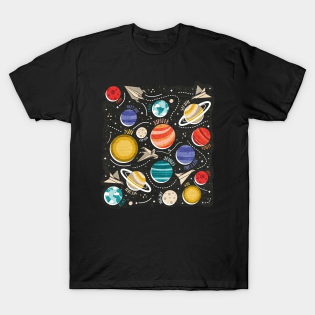 Paper space adventure II // illo // black background multicoloured solar system paper cut planets origami paper spaceships and rockets T-Shirt by SelmaCardoso